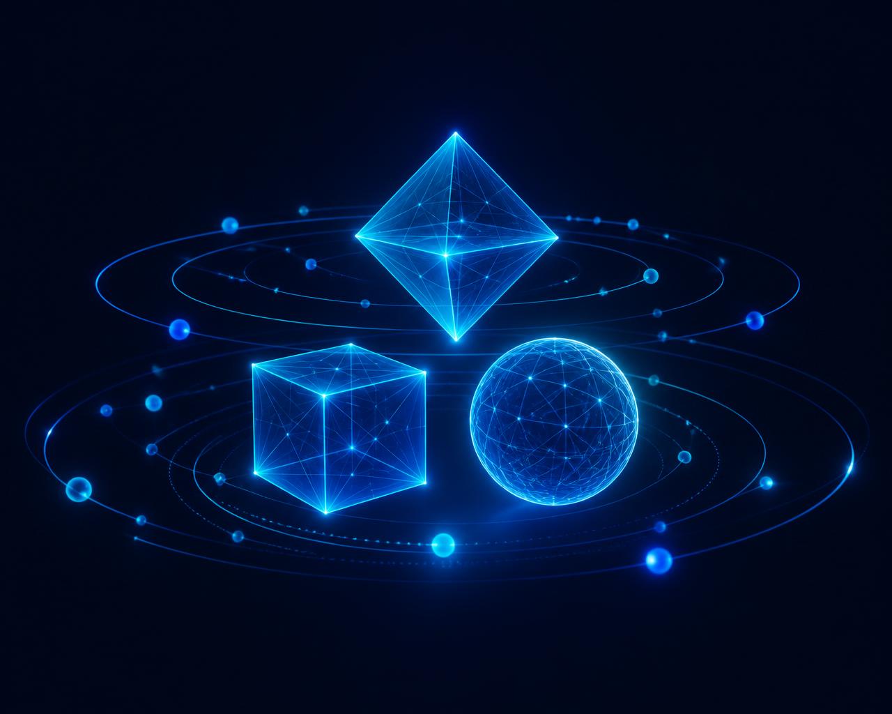 Abstract glowing geometric shapes representing balance, expertise, and trust