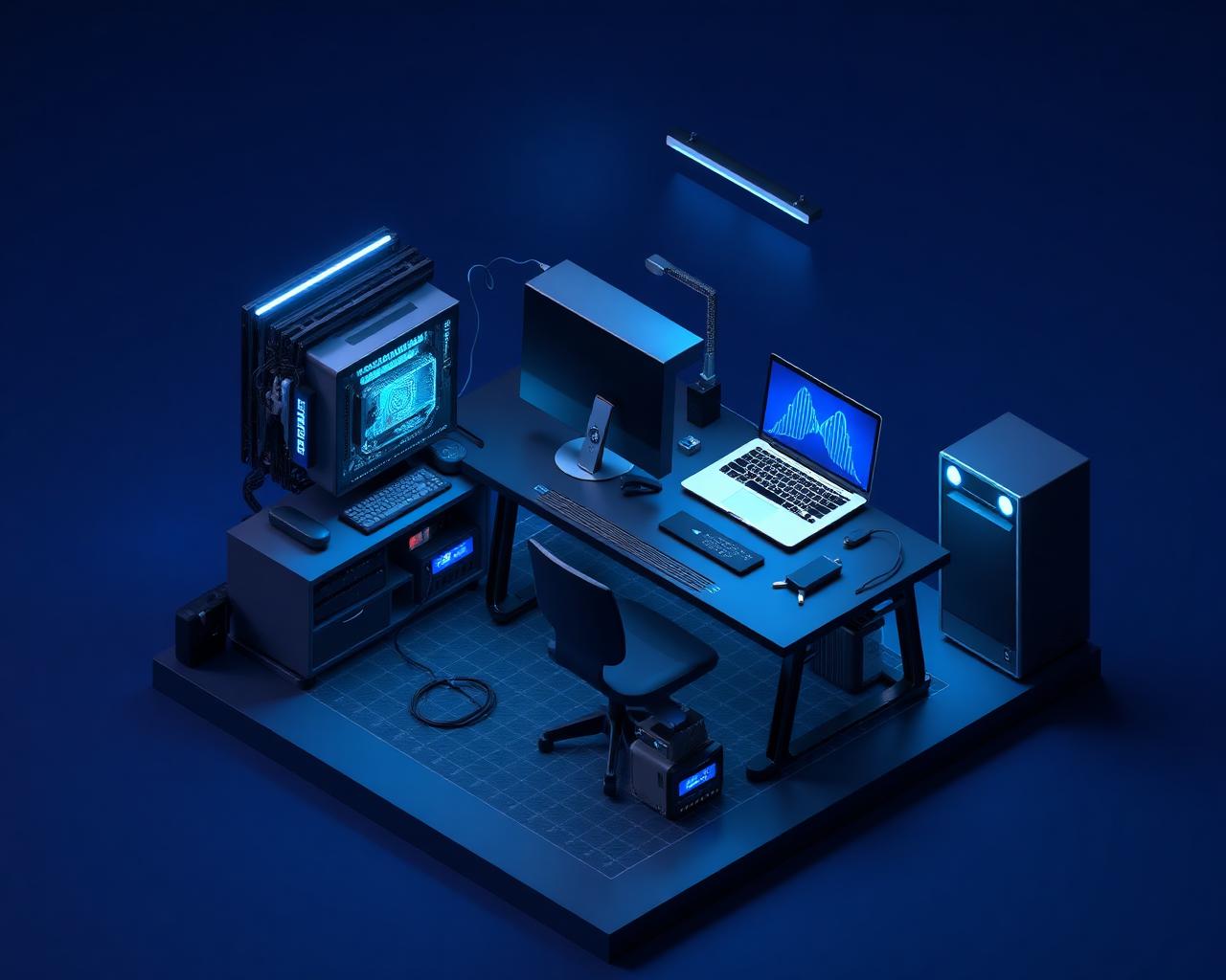 Isometric illustration of a modern computer repair workstation with desktop PC, laptop, and tools