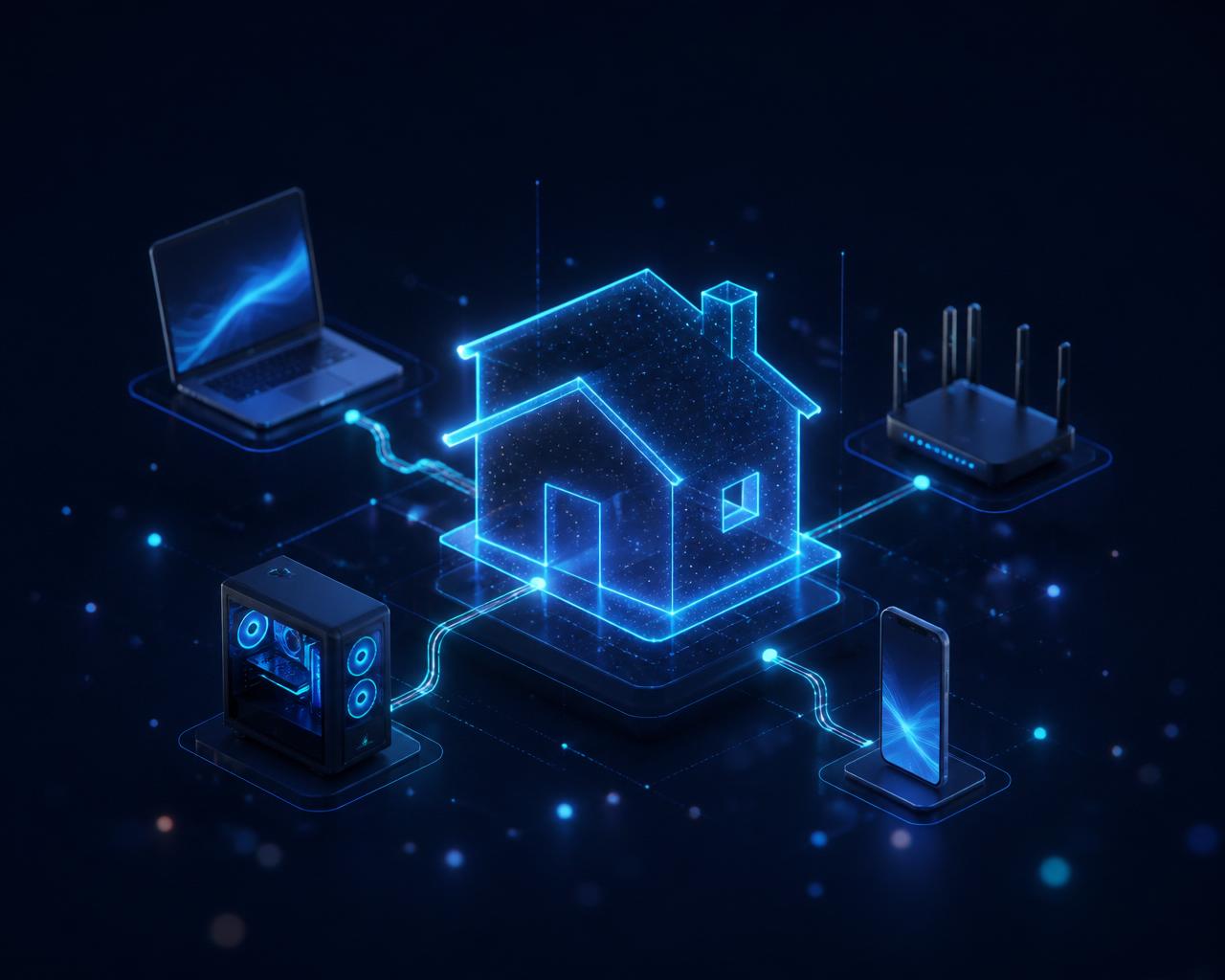 Isometric illustration of a connected smart home with laptop, gaming PC, router, and phone